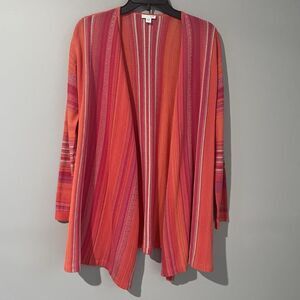 J Jill Women's Open Front Cardigan Size XS Orange Pink White Stripe Vibrant Long